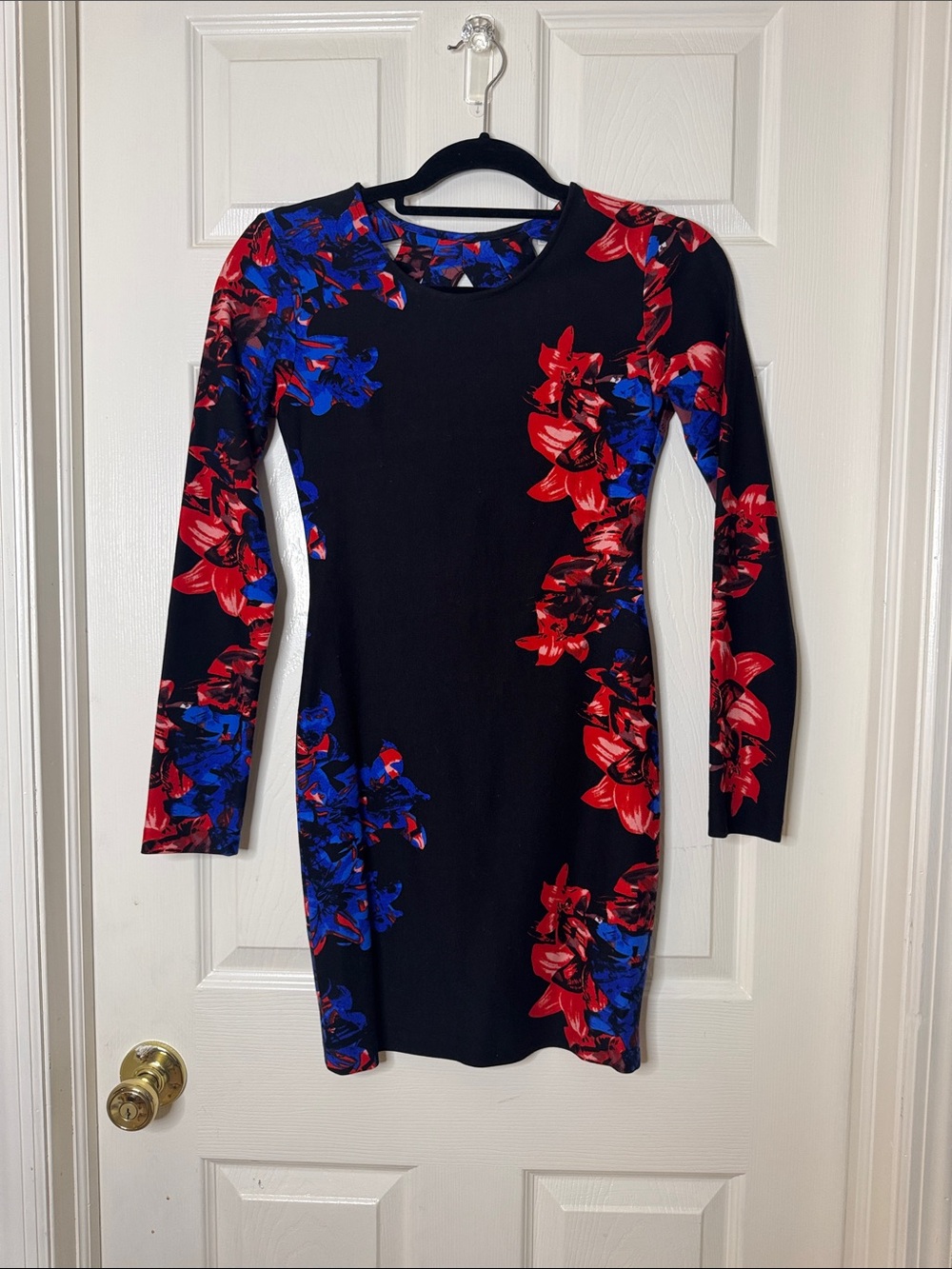 Black Floral Bodycon Dress with Red & Royal Blue Accents